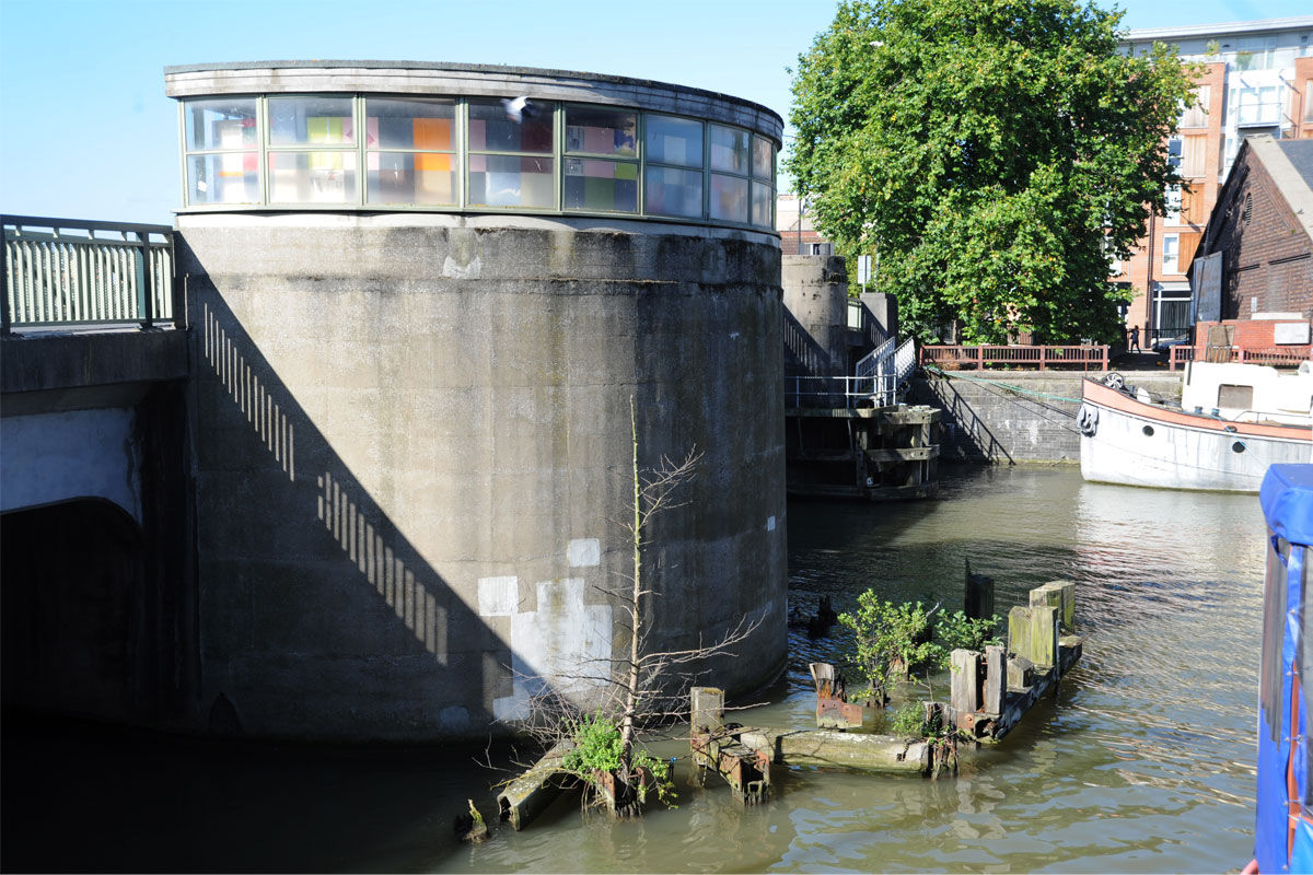 Wooden structure with patchwork colour and texture inside bridge cabin